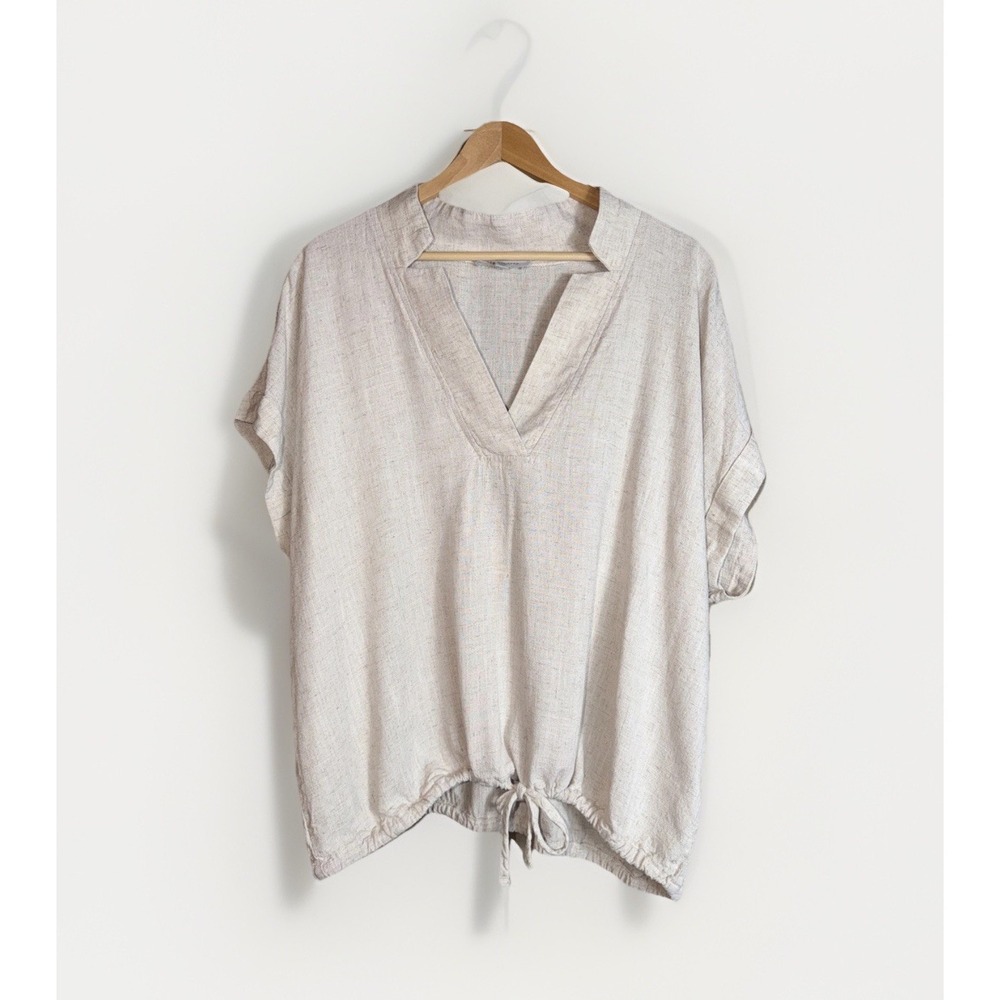 Grey & Gray Woman's V-Neck Linen Blend Tie Front Short Sleeve Top Size XL
